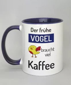 Spruchtasse Der frühe Vogel Innenseite dunkelblau