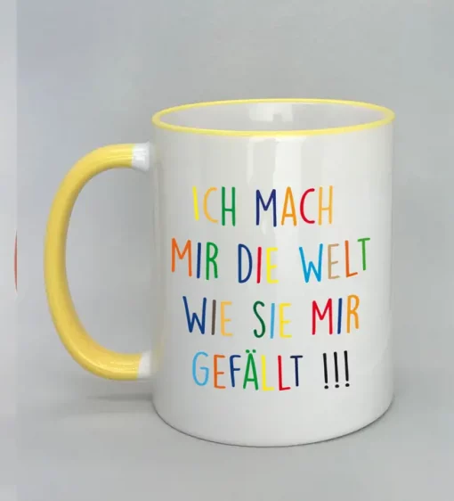 Keramiktasse Ich mach mir die Welt Rand gelb