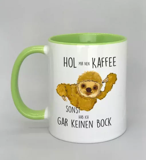 Keramiktasse mit Faultier Innenseite hellgrün